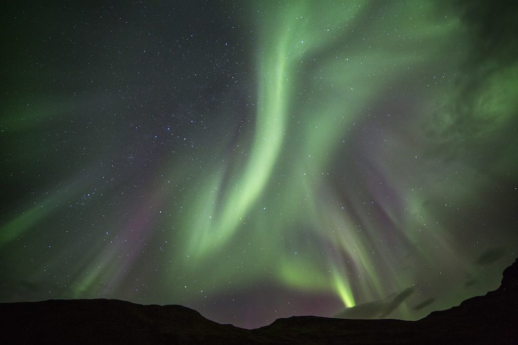 Aurora Borealis, Siglufjörður, North Iceland, 14mm. f/2.8 at 13s, ISO 1250.
